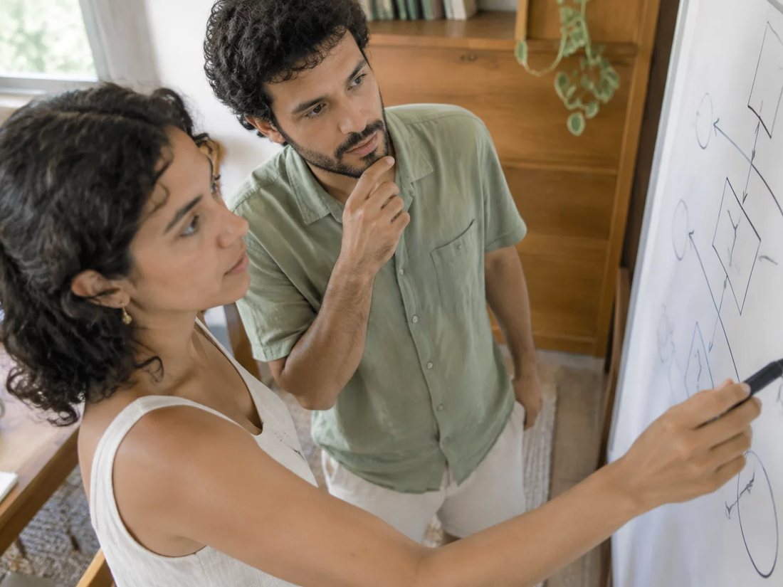 Dupla em pé diante de um quadro branco com o esqueleto de um argumento desenhado